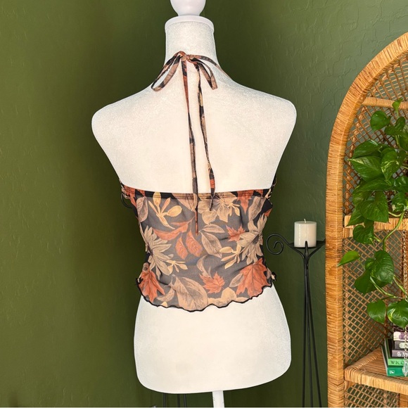 Burnt Orange Black and Brown Fall Autumn Leaves Floral Halter Mesh Y2K Crop Top - Picture 2 of 3